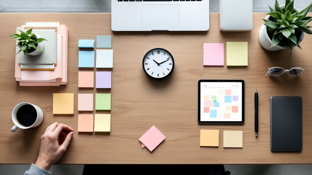 Overhead view of a neatly arranged desk with a clock, sticky notes, calendar tablet, and coffee, symbolizing a structured workday ready for automation.