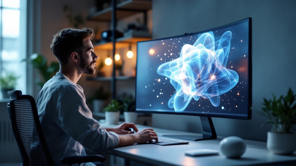 A 3D artist in a modern studio looks up at a large monitor showing a hybrid wireframe and AI-generated 3D scene, symbolizing evolving AI-assisted workflows.