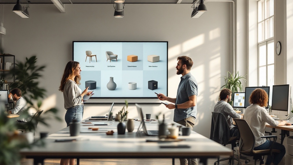 Marketer and 3D artist stand in a bright studio reviewing multiple 3D product variations on a large screen, symbolizing AI-accelerated campaign workflows.