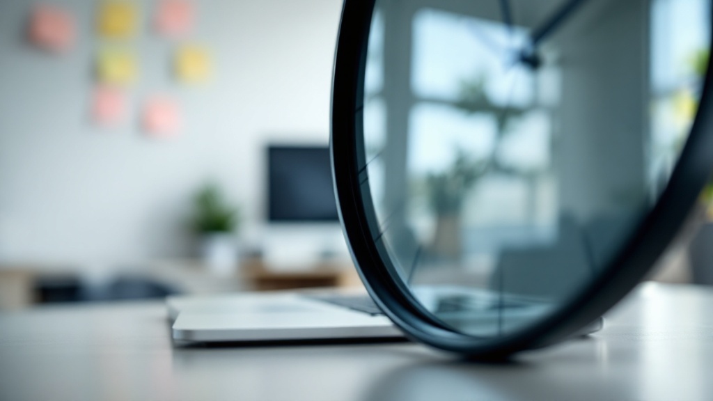 Macro shot of a clock reflected in a laptop screen on a minimalist desk, with blurred sticky notes in the background suggesting routine digital tasks and time pressure.