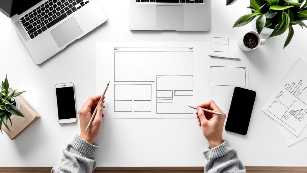 Overhead view of a clean desk with monochrome website wireframe sketches, laptop, and pencil arranged in an organized flat-lay.