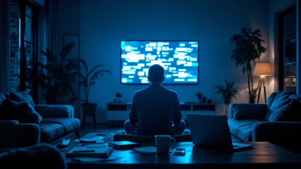 Wide view of a person in a modern living room surrounded by multiple glowing screens, illustrating digital price overload and anxiety.
