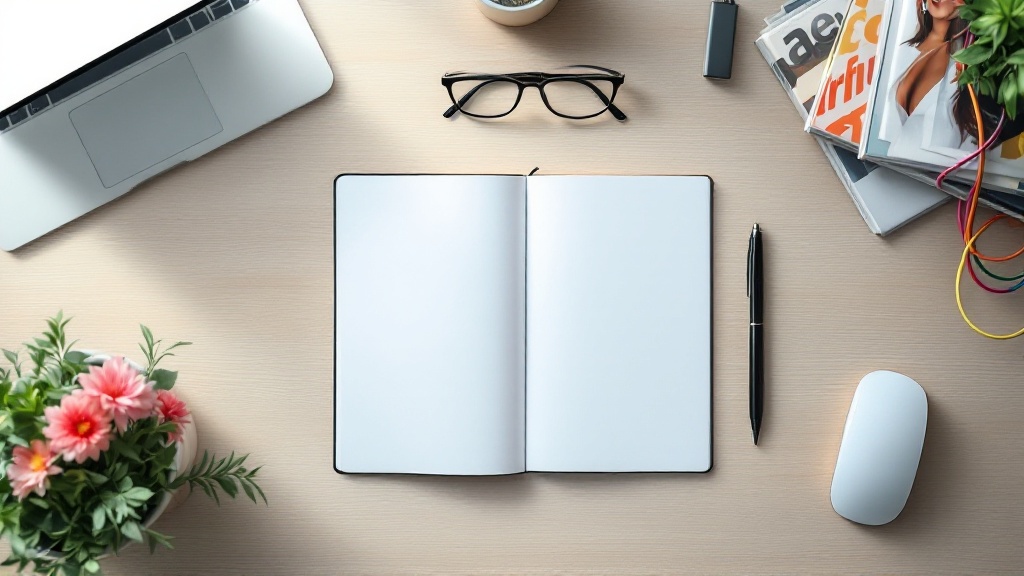 Overhead view of a tidy desk where a central notebook connects to three different object paths, symbolizing website-building choices and simplicity.