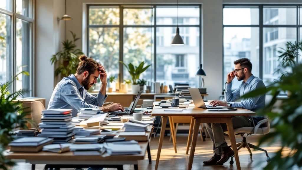 Wide office scene contrasting a cluttered desk and stressed worker with a clean desk and focused professional using a laptop and abstract dashboard.