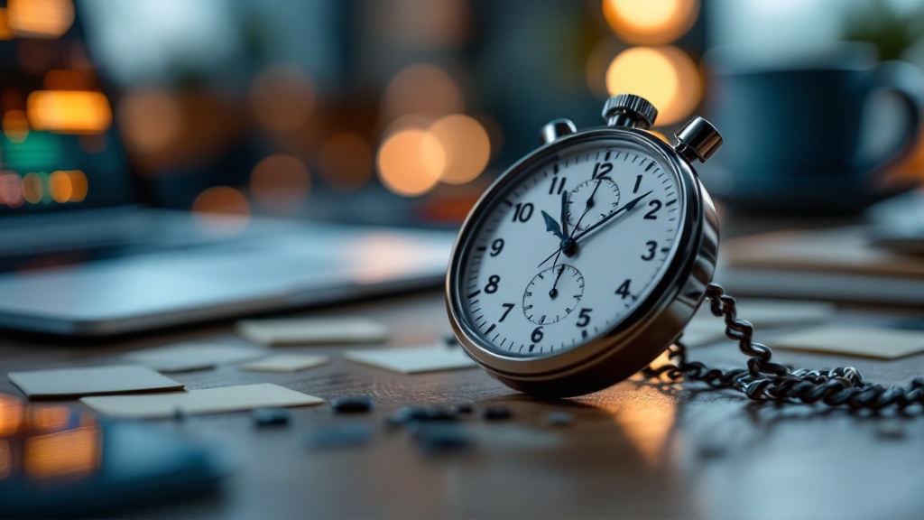 Macro shot of a stopwatch in sharp focus on a desk, surrounded by blurred tech devices and notes suggesting fragmented attention and time pressure.