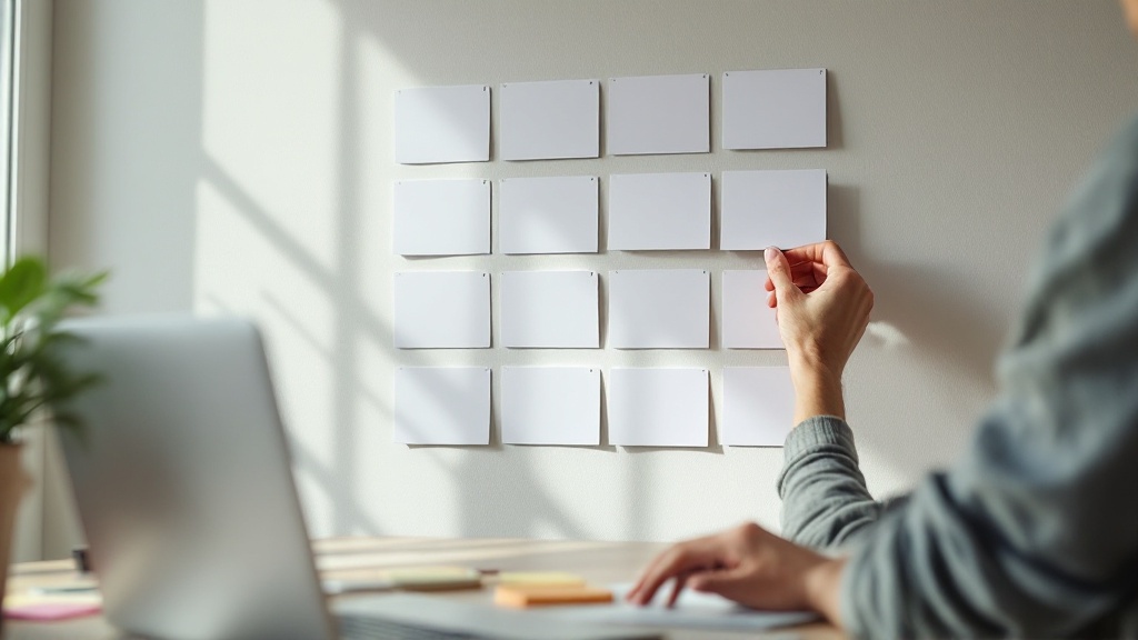 Low-angle scene of an adult arranging blank cards on a wall like website sections, with a blurred laptop in the foreground.