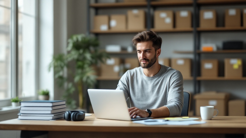 Manager at a modern desk working on a laptop with neatly organized training materials around, symbolizing a shift from chaotic to streamlined team learning.