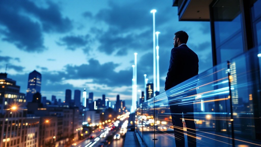Low-angle twilight portrait of an executive on a rooftop above a city where chaotic light trails below resolve into organized lines rising toward them.