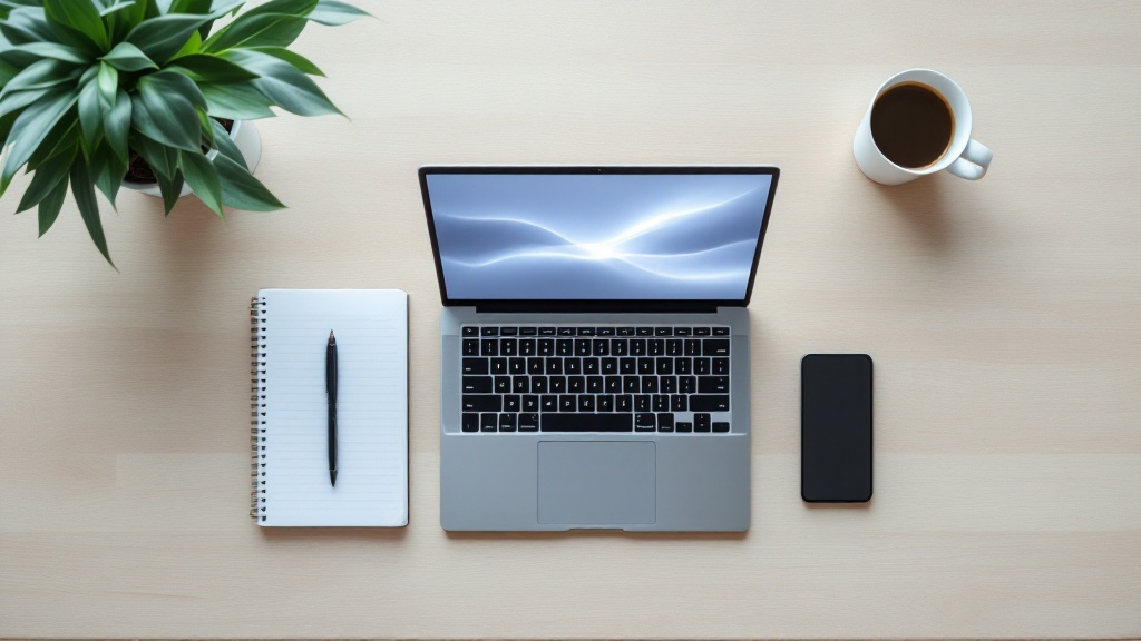 Overhead view of a minimalist desk with a laptop, notebook, phone, coffee, and plant arranged neatly on a pale wood surface.
