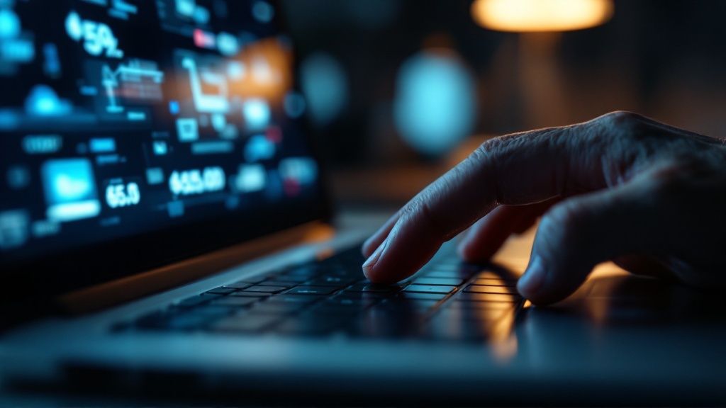 Macro shot of a tense hand hovering over a laptop trackpad, screen reflection showing blurred overlapping price elements in a cool, dim workspace.