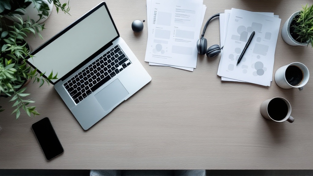Overhead view of an organized founder’s desk with an open laptop, printed pages, notebook, phone, and coffee on a light wooden surface.
