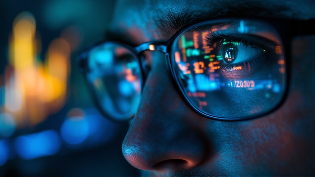 Extreme close-up of a founder’s eyes with AI interface reflections in their glasses, conveying private anxiety and curiosity about artificial intelligence.