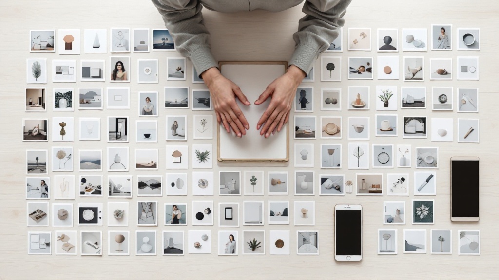 Overhead view of hands rearranging a grid of small photo cards on a wooden table, symbolizing an invisible system ranking social media content.