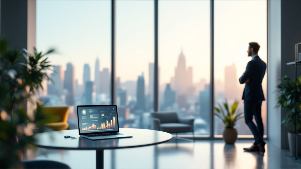 Leader in a bright corner office overlooking a city with a laptop on a nearby table, suggesting clear visibility into training impact and business performance.