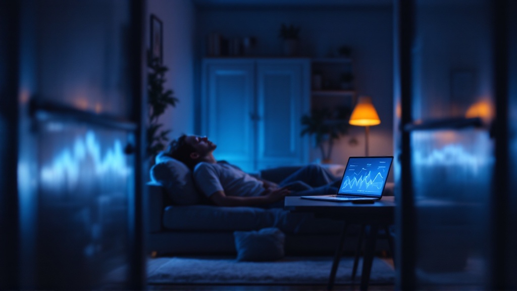 Nighttime home office with a glowing laptop showing abstract analytics while a tired creator rests on a sofa in the background, conveying social media burnout.