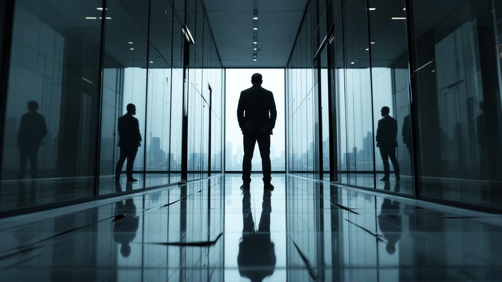 Low-angle view of a solitary business owner in a glass-walled office corridor, sharp architectural lines and reflections creating a tense, unstable atmosphere.