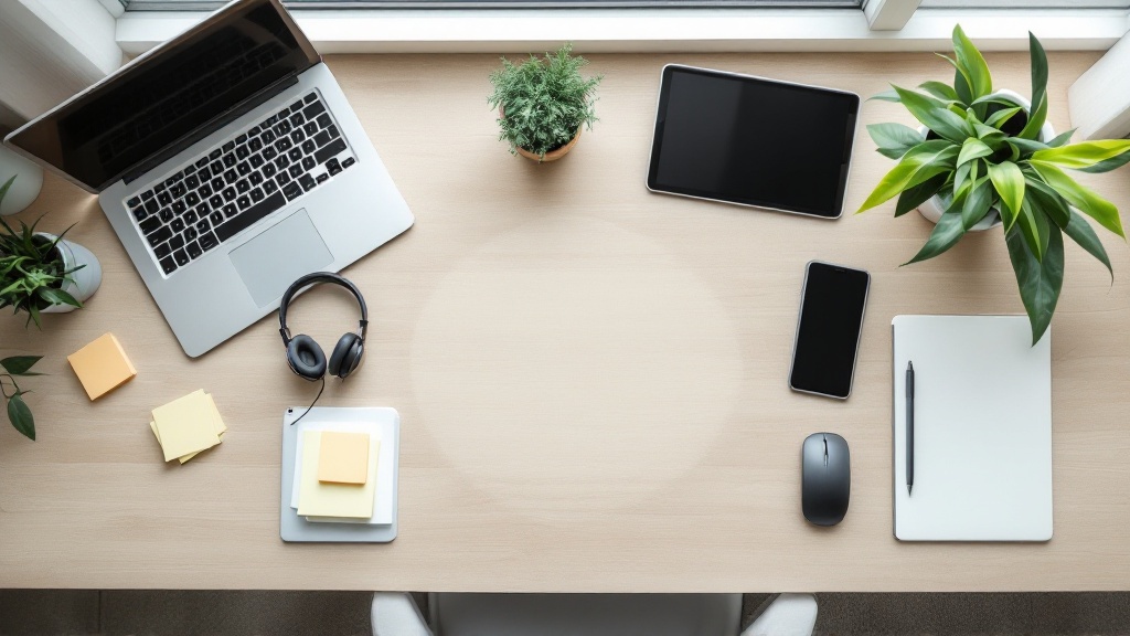 Overhead view of a circular arrangement of laptop, phone, tablet, and desk items forming a loop around open workspace on a light wooden surface.