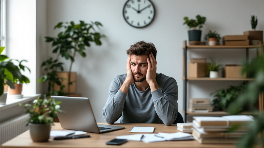 Small business owner at a cluttered desk in a cozy office, looking toward a clock as notifications and papers surround them, conveying a pressured workday.
