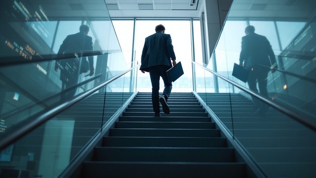 Low-angle view of a founder climbing modern office stairs with a laptop, glass railings reflecting subtle AI-like lights.