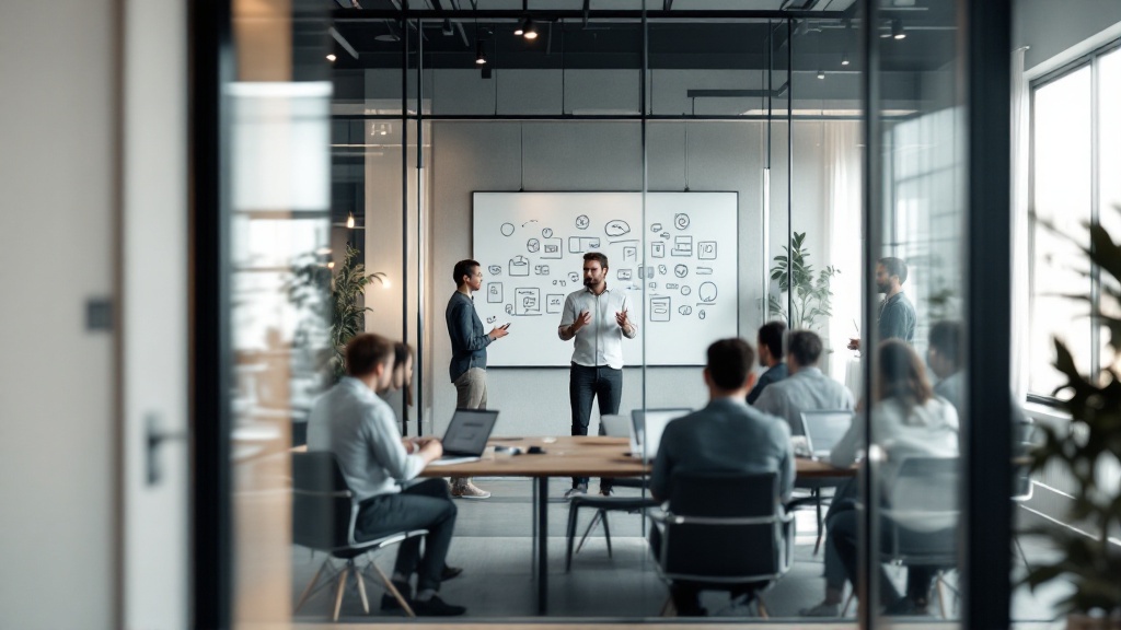 Wide view of a glass-walled startup meeting room where a founder presents at a whiteboard while a small team listens with mixed expressions.