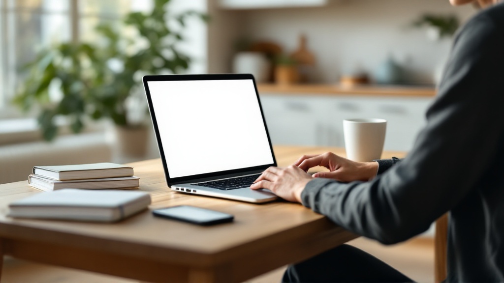 Adult calmly building a simple website on a laptop at a bright kitchen table, surrounded by tidy notes and a coffee mug in soft natural light.