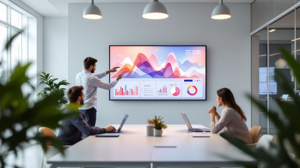 Wide view of a marketing team collaborating around a large screen with soft abstract data visuals in a modern office meeting space.