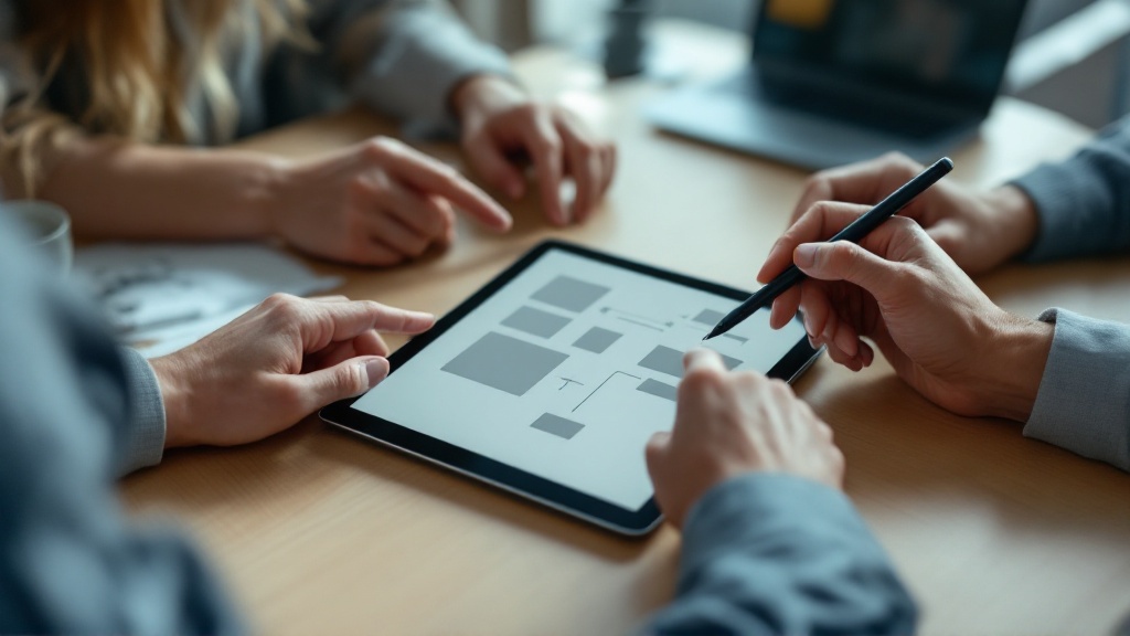 Close-up of colleagues’ hands collaborating over a tablet that displays a simple website flow made of abstract boxes and arrows.