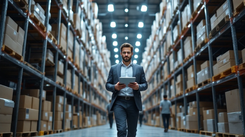 Low-angle view of an ecommerce warehouse with a manager walking down an aisle holding a tablet, surrounded by tall shelves and blurred activity.