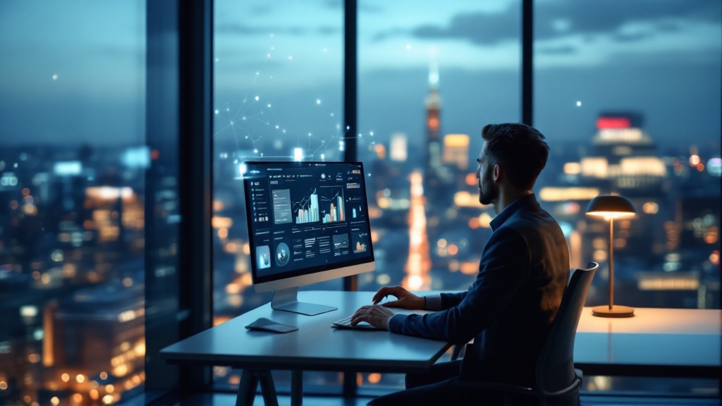 Ecommerce strategist in a glass-walled office at dusk, working at a minimalist desk with abstract digital reflections suggesting an AI commerce network.