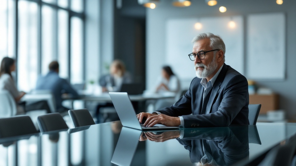 Executive seated at a glass conference table, focused calmly on a laptop while blurred meeting silhouettes and documents fade softly in the background.