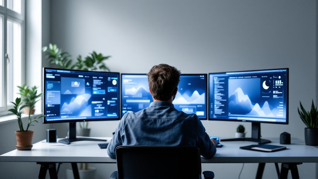 Senior developer at a multi-monitor desk gesturing calmly, portrayed as orchestrating AI agents and tools within a modern workspace.