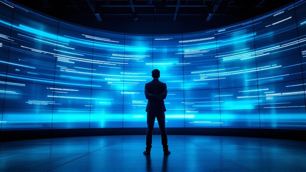 Low-angle view of a developer thoughtfully examining a large monitor wall of abstract code visuals, symbolizing careful oversight of AI agents.