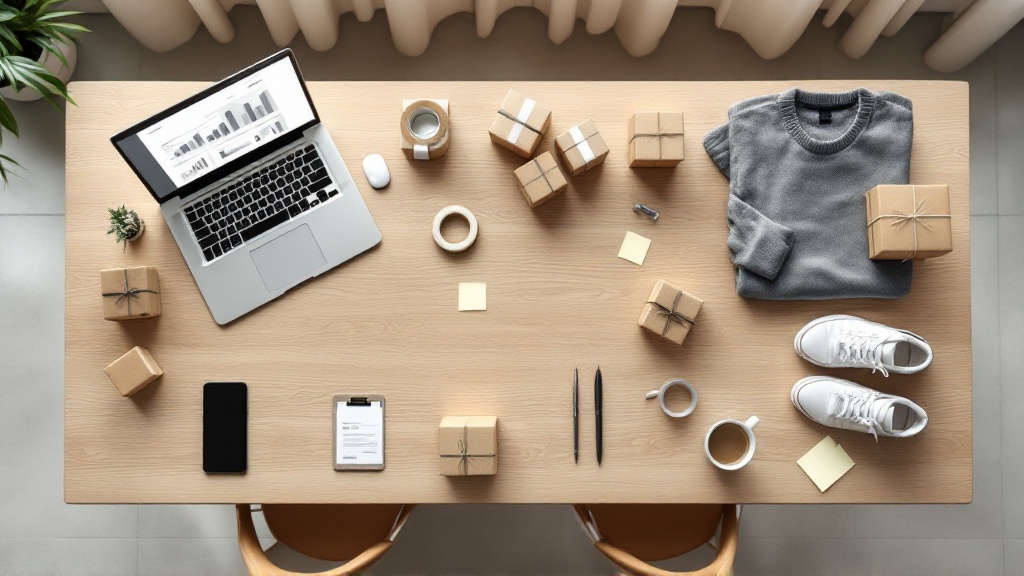 Overhead flat-lay of a minimalist ecommerce operations desk with laptop, shipping boxes, and products arranged in a flowing, coordinated layout.