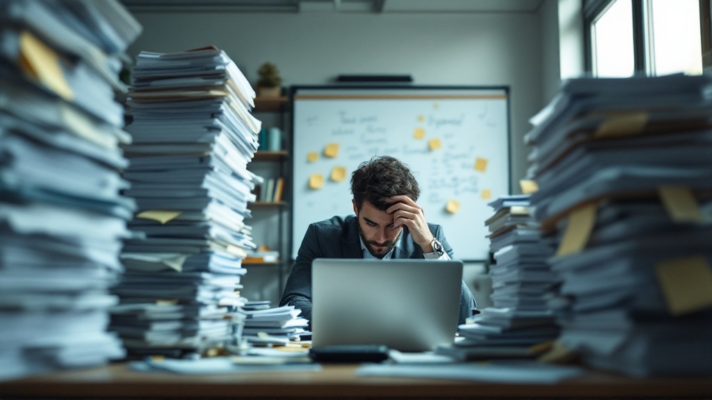 Low-angle photo of a stressed professional at a cluttered desk, surrounded by towering stacks of paper that emphasize project chaos and overwhelm.