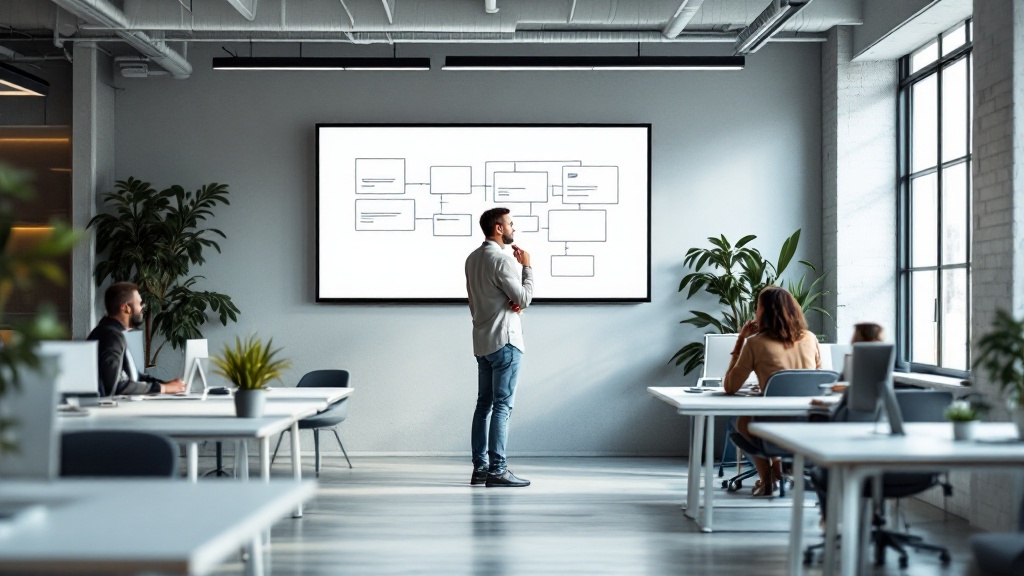 Product lead in a modern office looking at a large screen with a simplified website structure while teammates work nearby.