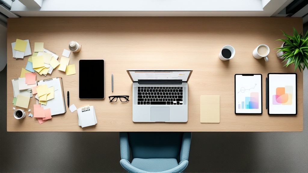 Overhead view of an executive desk where scattered notes and devices on the left transition into a neatly organized, calm workspace on the right.