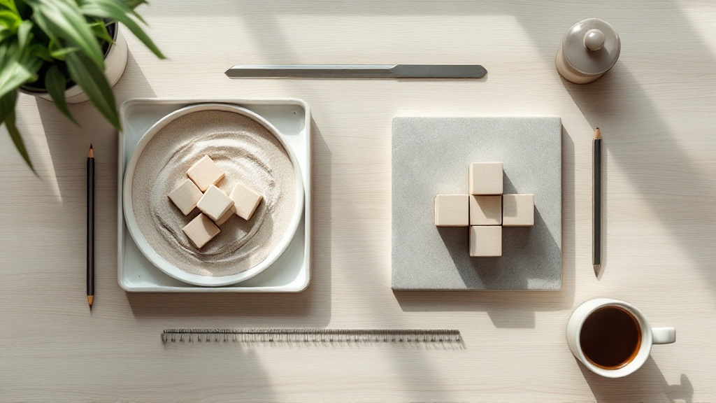 Overhead view of a desk with wooden blocks on sand versus stone tiles, surrounded by planning tools, symbolizing weak and strong business foundations.