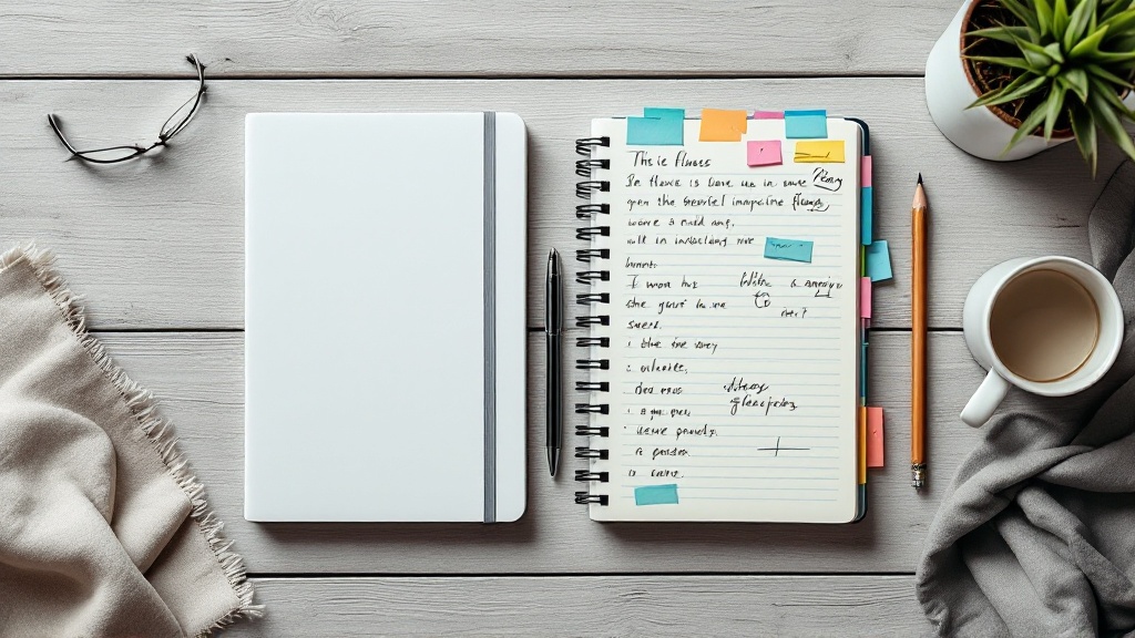 Overhead view of a pristine closed notebook beside a worn, annotated open notebook on a desk, contrasting perfect plans with messy iterative growth.