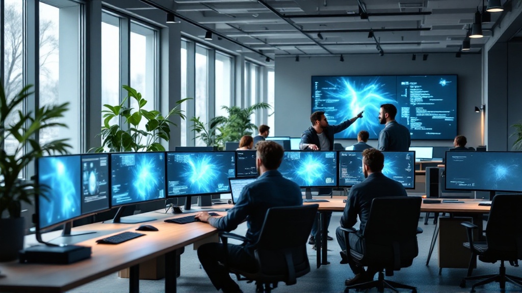 Wide view of a modern engineering workspace with multiple monitors and developers collaborating around AI-assisted workflows.