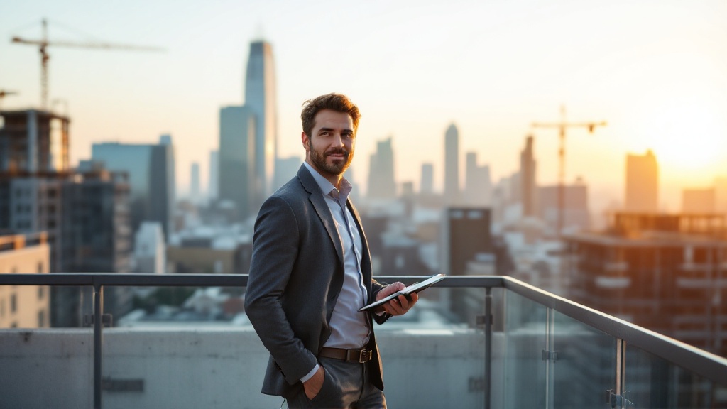 Business owner on a rooftop terrace at sunrise, overlooking a city skyline with cranes and finished buildings, symbolizing rebuilding on a stronger foundation.