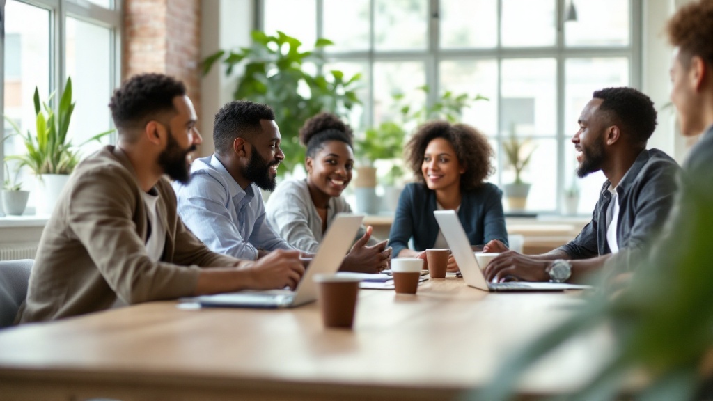 Founders sit around a wooden table in a bright coworking space, listening intently to a peer sharing an honest business story.