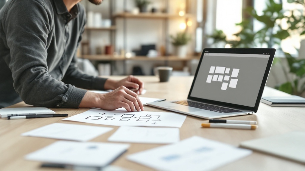 Professional at a collaborative table mapping a workflow on paper while referencing a laptop with an abstract no-code interface, symbolizing step-by-step process design.