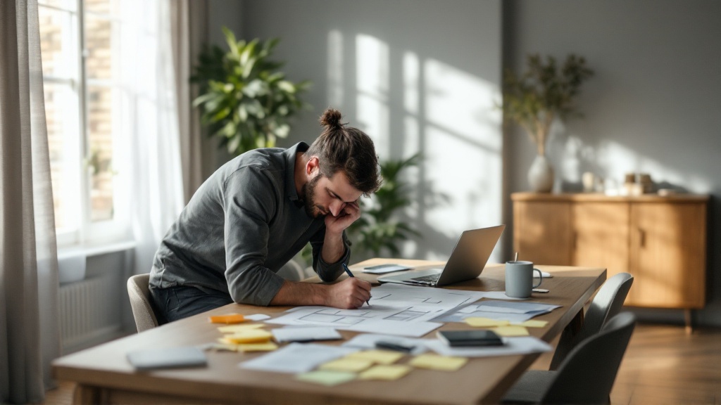 Startup founder at a wooden table organizing scattered notes into a simple website sketch in a softly lit modern home workspace.