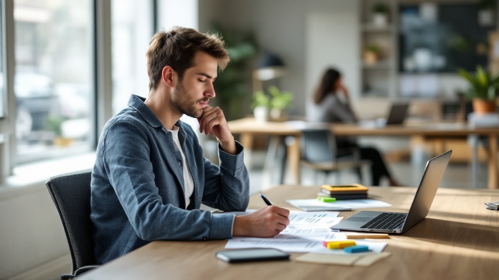 Professional at a clean desk thoughtfully reviewing a printed document, with a calm, light-filled office space in the background.