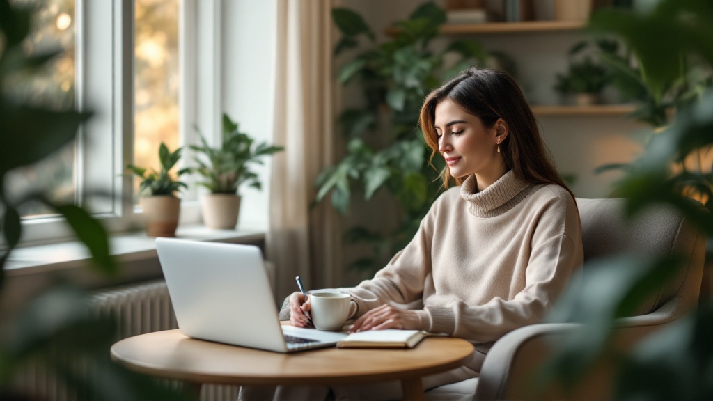 Professional sitting in a cozy chair with a notebook, closed laptop, and tea on a coffee table, reviewing their week in a calm, light-filled room.