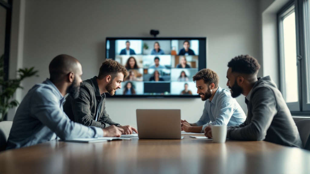 Team gathered around a meeting table and laptop with remote colleagues on a screen behind them, illustrating collaborative hybrid learning for employees.