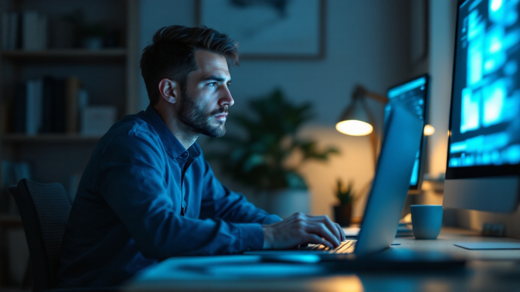 Close-up of a professional at a minimalist desk lit by laptop glow, looking tense as a second blurred monitor glows in the background.