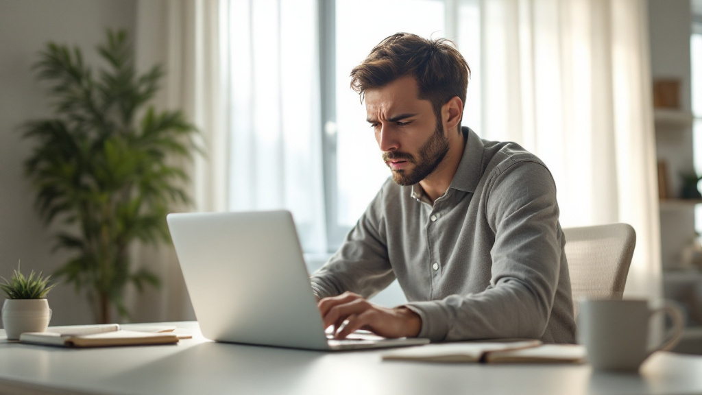 Office worker at a minimalist desk staring at a laptop with tense but calming expression after sending a problematic email.