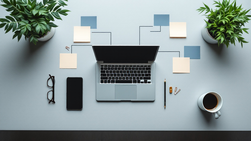 Overhead view of a neatly arranged desk with laptop, phone, and office objects laid out in branching paths like a decision map.