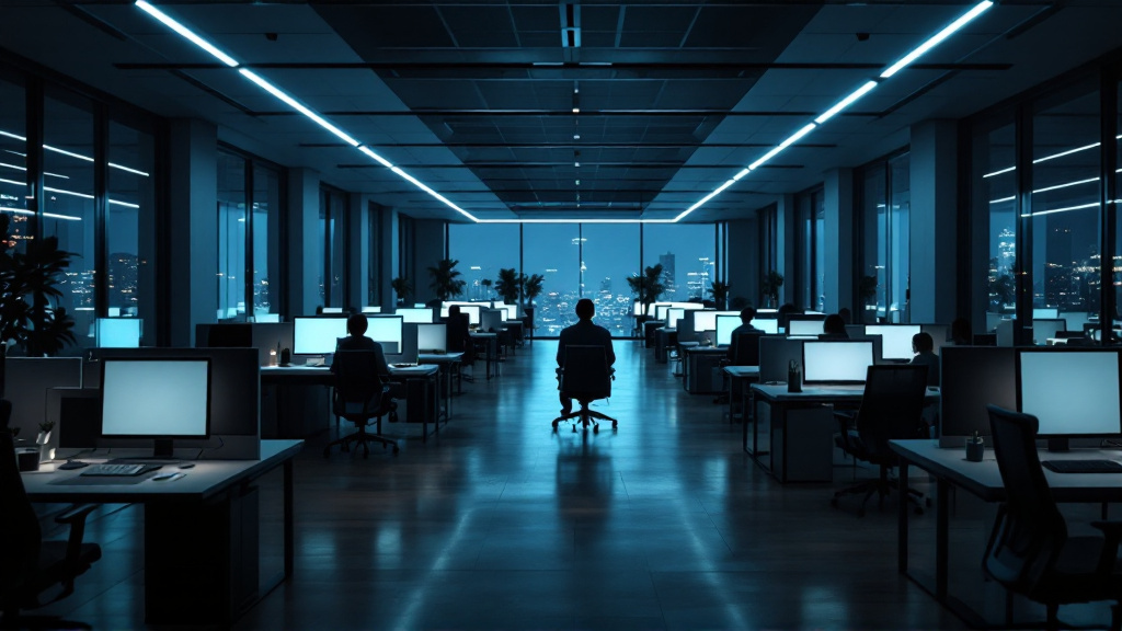 Wide shot of a lone person working late in a modern open-plan office, surrounded by empty desks and glowing computer screens.